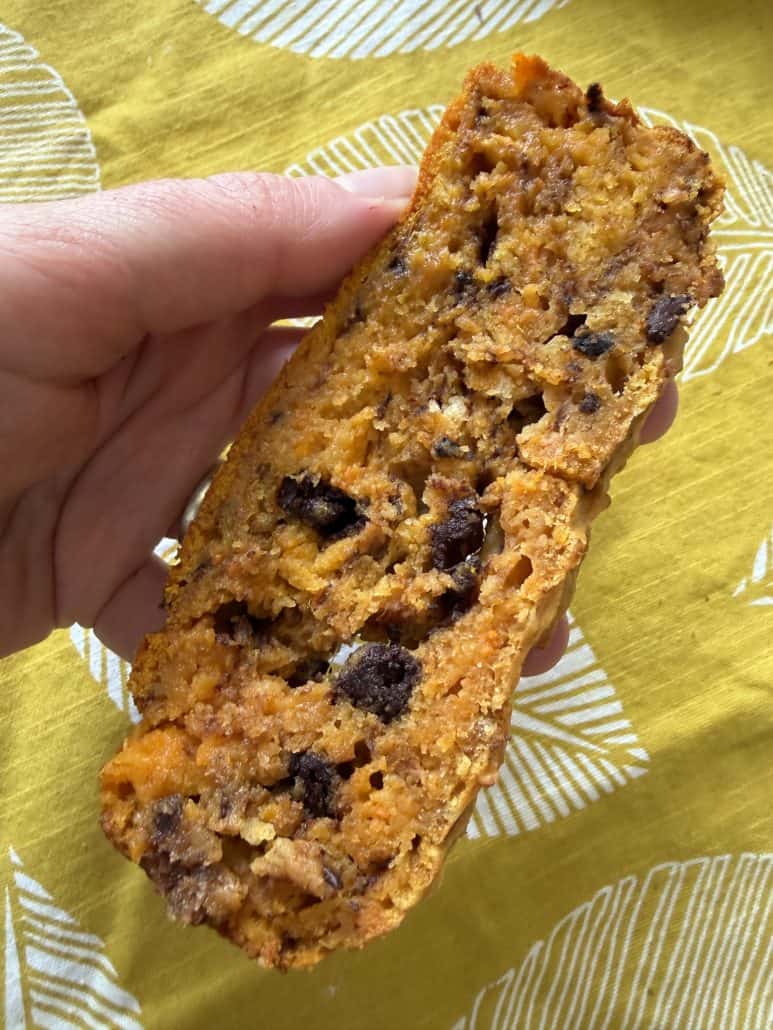 Close-up of a hand holding a slice of sweet potato bread with chocolate chips, highlighting its moist texture and rich flavor from the homemade recipe.