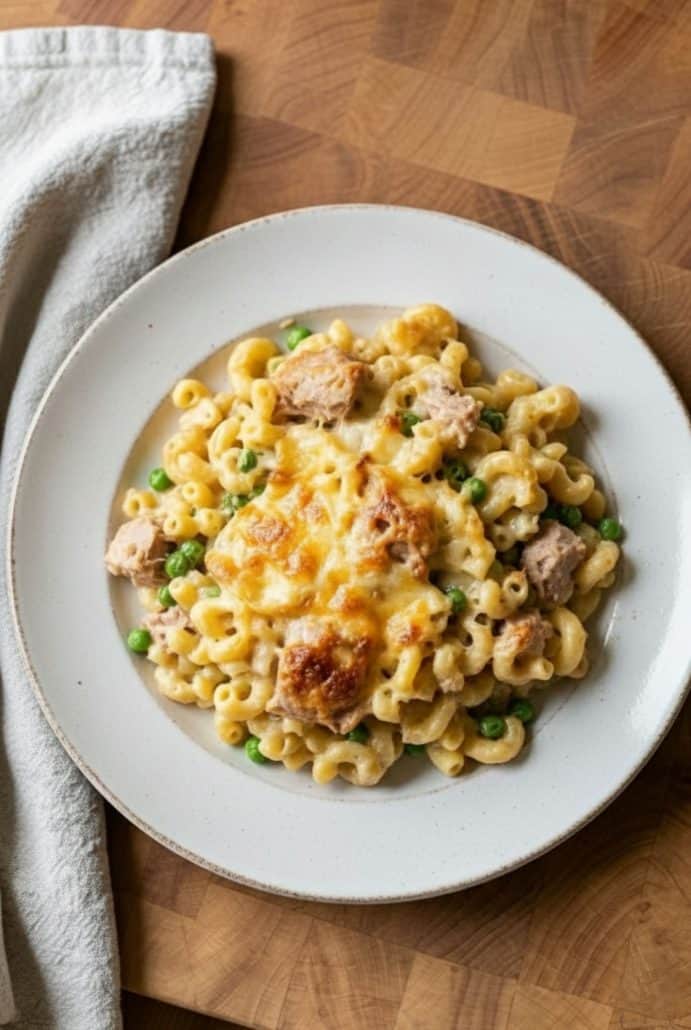 Plate of baked tuna casserole with elbow macaroni, green peas, and melted cheese, served hot and golden brown.