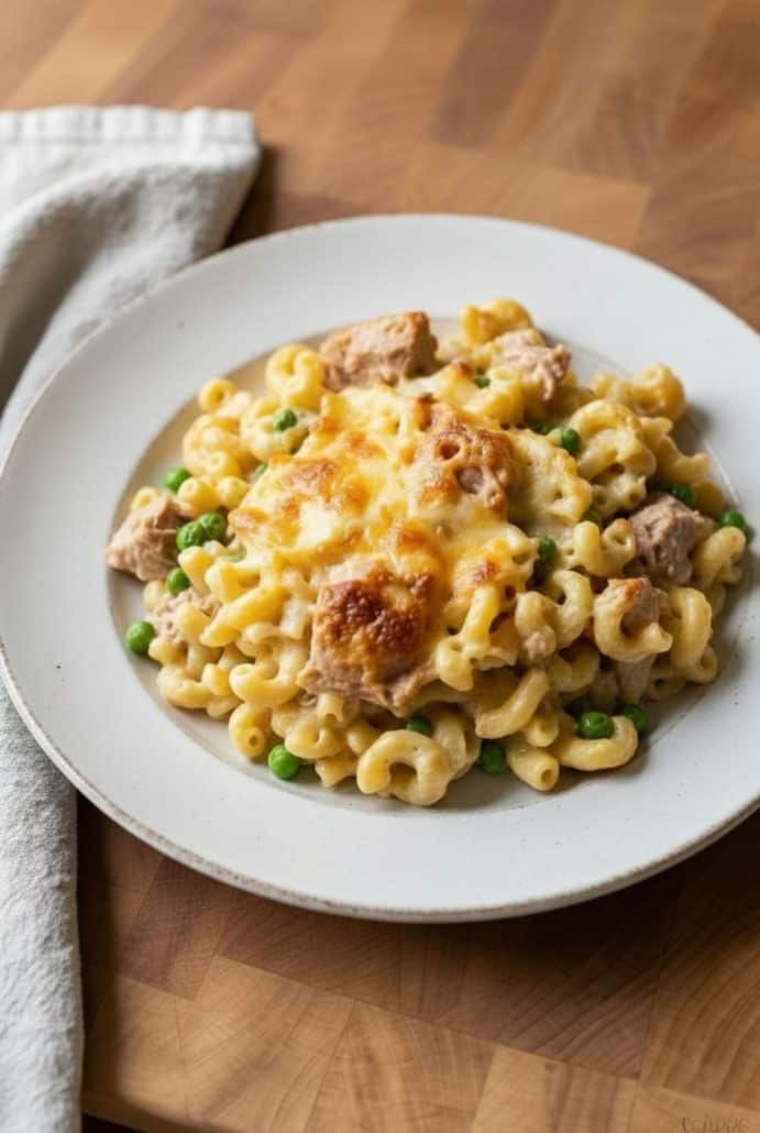 Close-up of a serving of creamy baked tuna casserole with elbow pasta, melted cheese, peas, and chunks of tuna on a white plate.