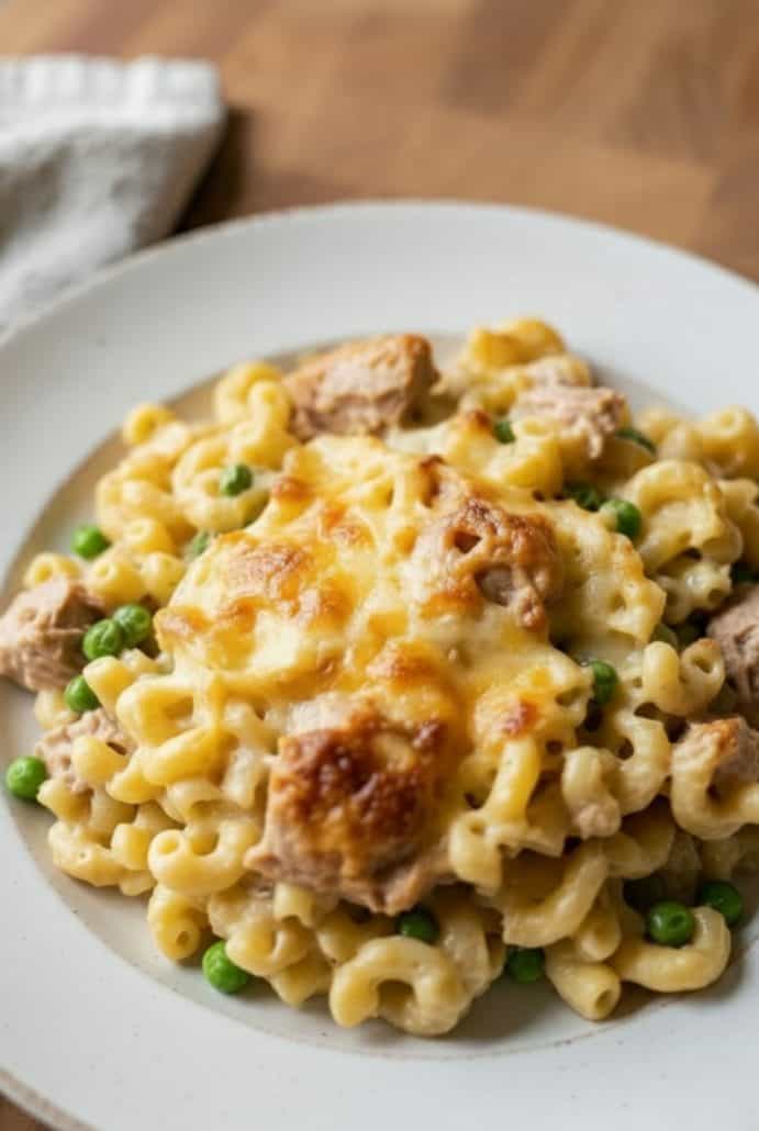 Close-up of cheesy tuna casserole with macaroni, peas, and golden melted cheese, showing the creamy texture and baked finish