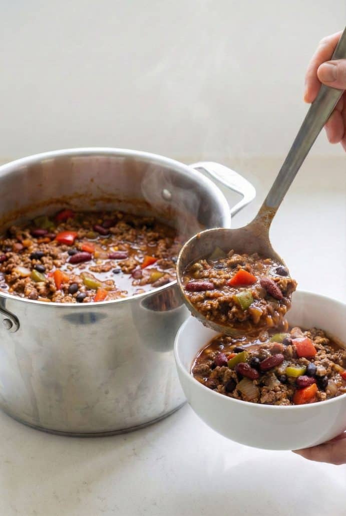 Ladle scooping Boilermaker Tailgate Chili from a steaming pot into a bowl, showing the chunky mix of meat, beans, and vegetables.