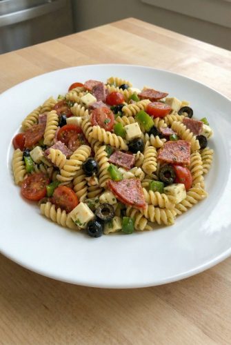 Restaurant-Style Antipasto Pasta Salad at Home Plate of Antipasto Pasta Salad with rotini, pepperoni, salami, cheese cubes, olives, tomatoes, and bell peppers. Perfect for a make-ahead cold pasta dish.