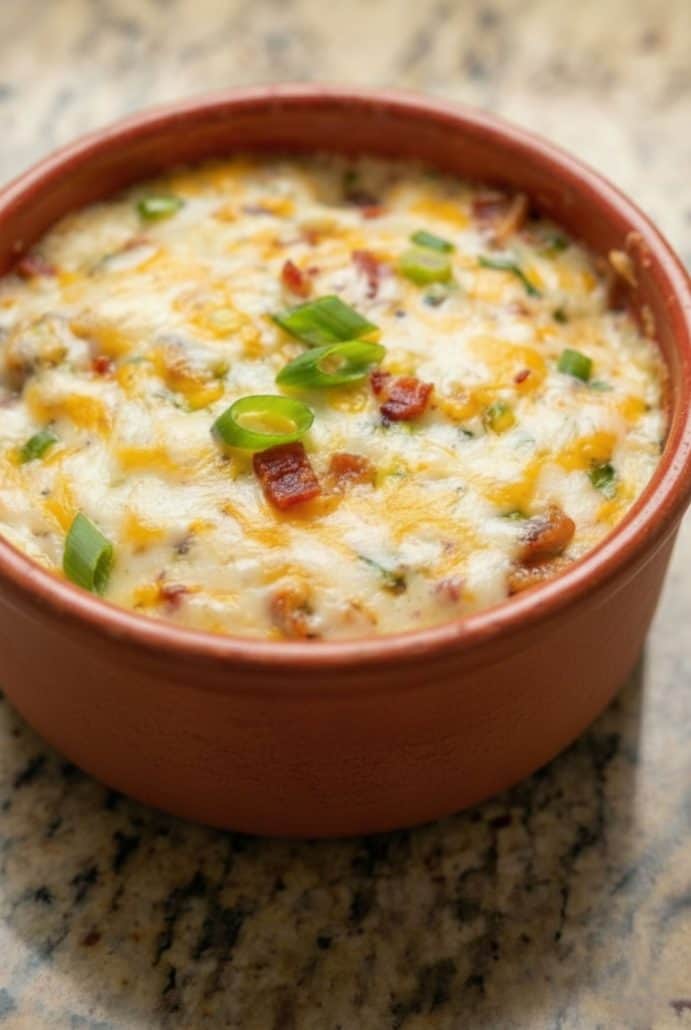 Warm Baked Buffalo Chicken Dip in a red serving bowl, topped with melted cheese and green onions. A cheesy, spicy appetizer perfect for dipping.