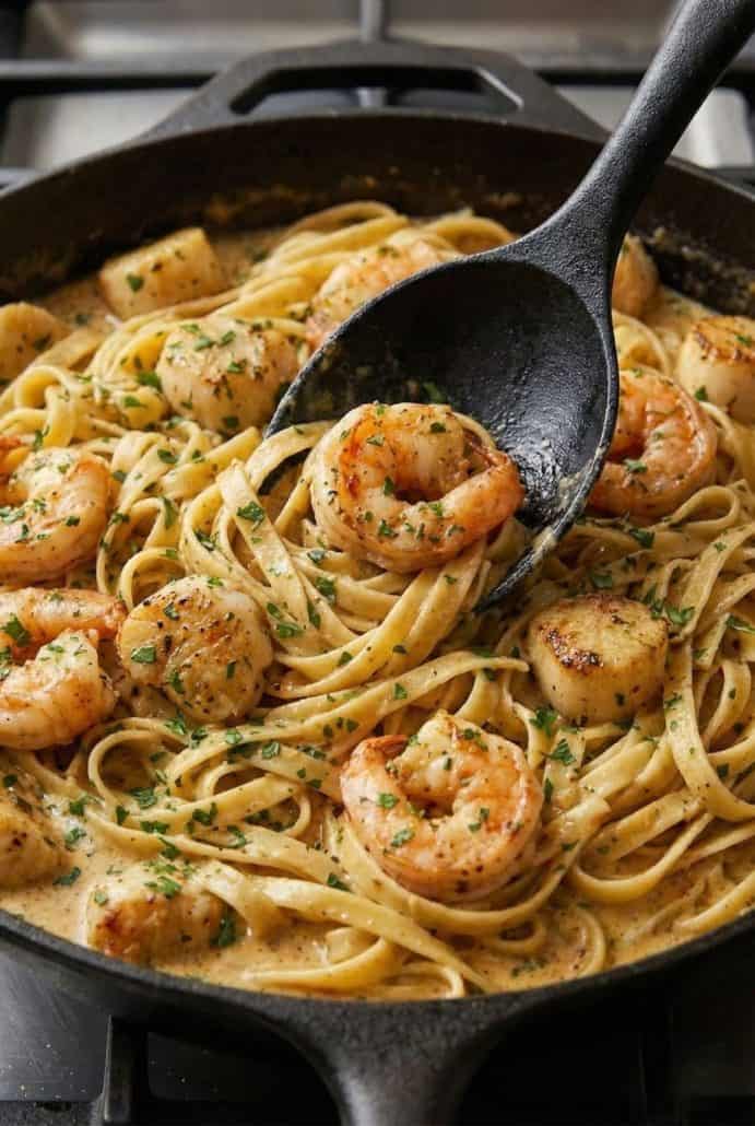 Close-up of creamy Cajun shrimp and scallop pasta being served from a skillet.
