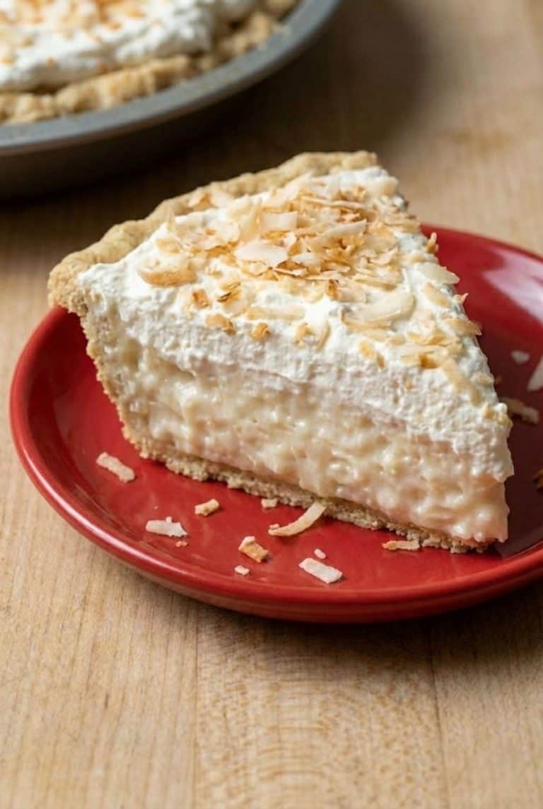 Slice of homemade coconut cream pie topped with whipped cream and toasted coconut flakes on a red plate, served as a chilled dessert.