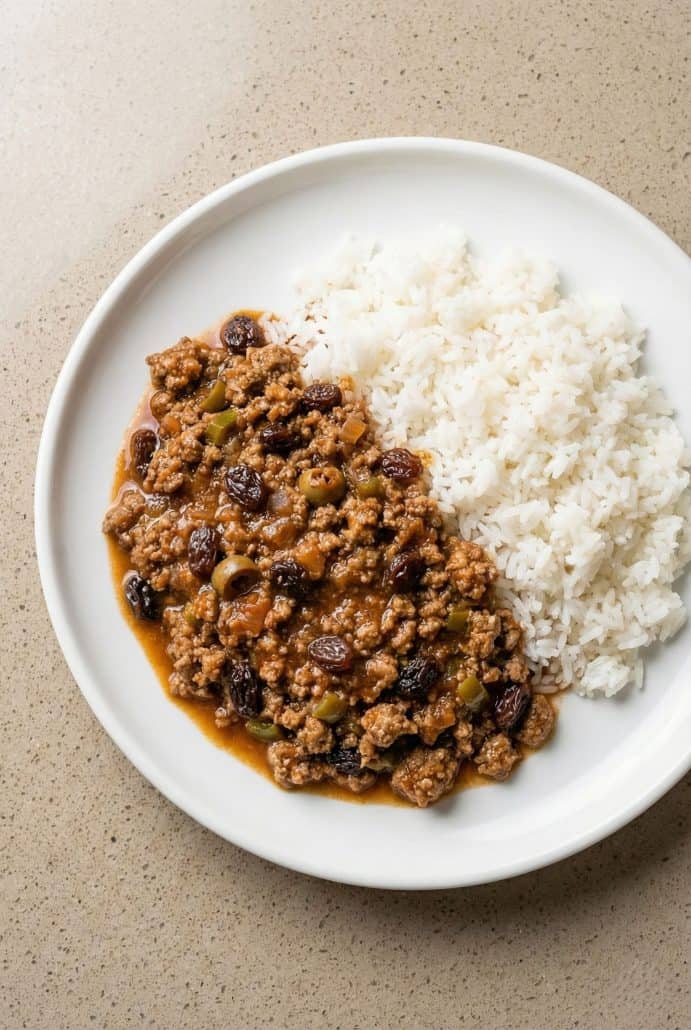 Plated Cuban-style picadillo served with fluffy white rice. A simple and traditional way to enjoy this sweet and savory ground beef dish.