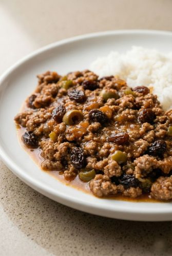Traditional Cuban Ground Beef Picadillo Recipe Cuban-style picadillo with ground beef, olives, and raisins served with white rice on a plate. A savory and sweet Latin-inspired dish.
