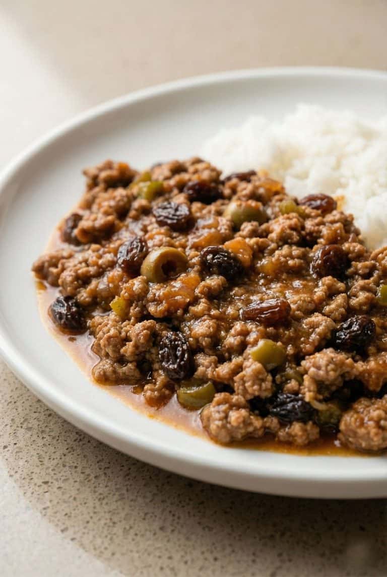 Cuban-style picadillo with ground beef, olives, and raisins served with white rice on a plate. A savory and sweet Latin-inspired dish.