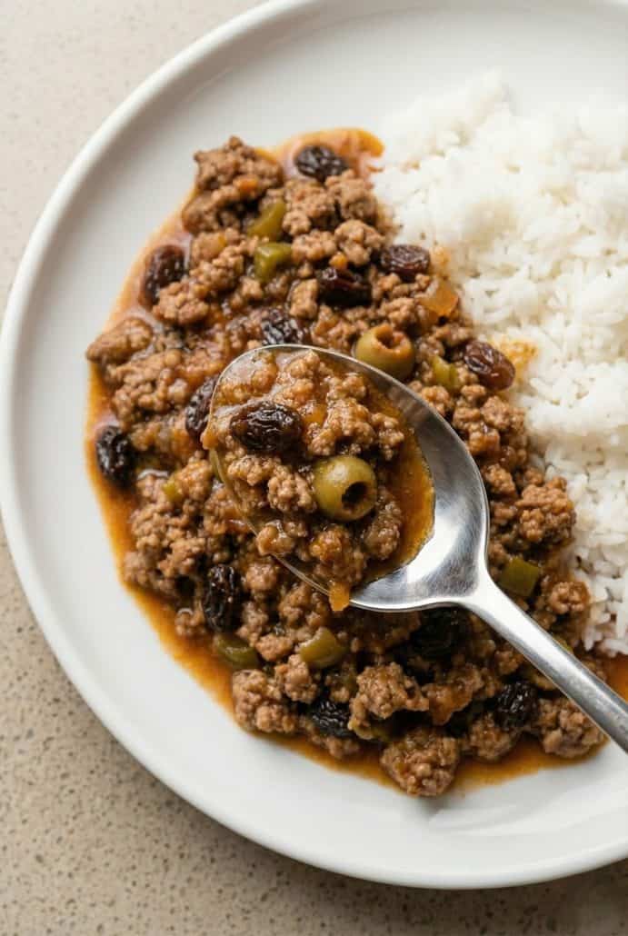 Close-up of Cuban picadillo with a spoon served alongside white rice, showing the rich texture.