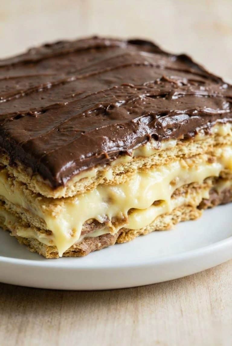 Slice of no-bake éclair cake with layers of graham crackers, vanilla pudding, and chocolate frosting on a white plate.