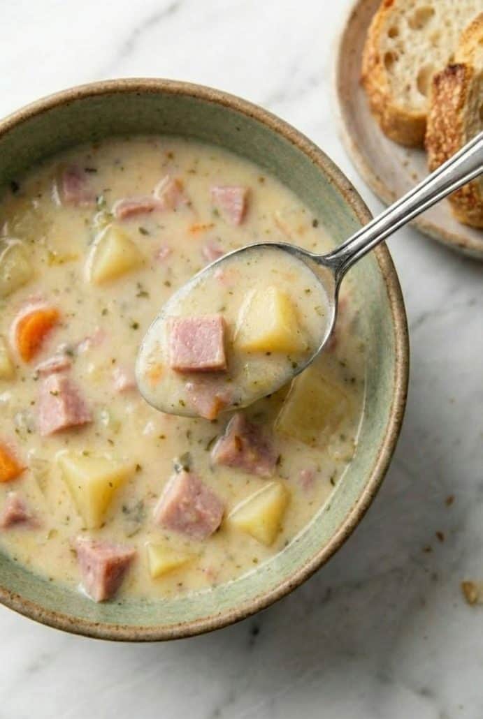 Spoonful of creamy ham and potato soup lifted from a bowl, showing chunks of ham, potatoes, and carrots with crusty bread in the background.