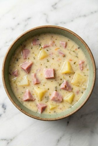 Ham and Potato Soup - Easy Comfort Food Recipe Bowl of creamy ham and potato soup with chunks of ham and tender potatoes, showing the finished dish.