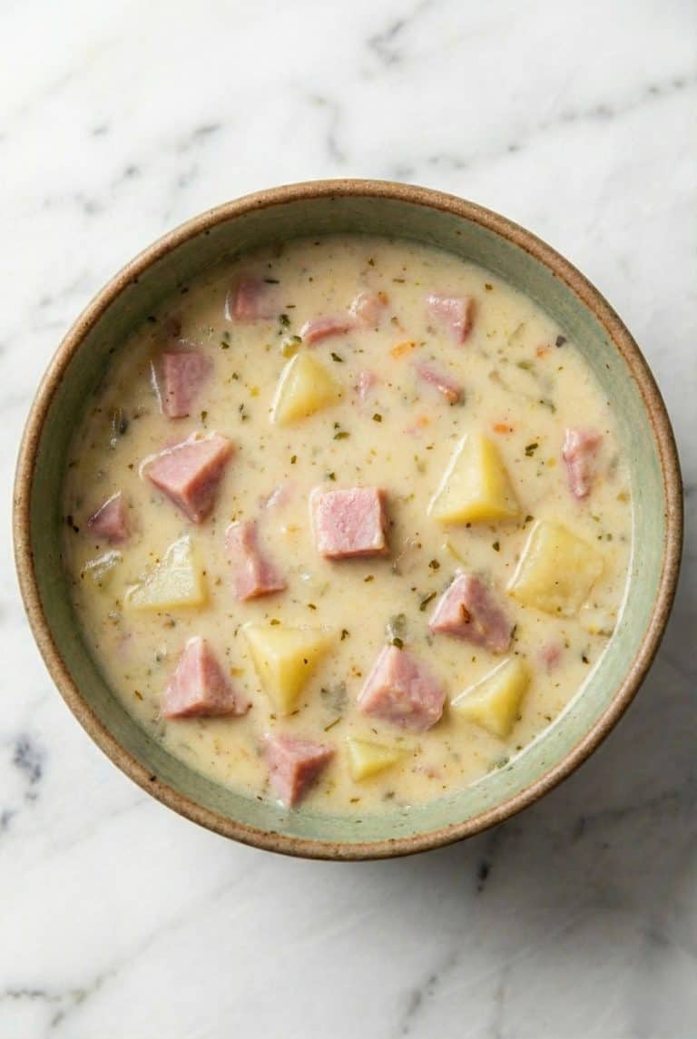 Bowl of creamy ham and potato soup with chunks of ham and tender potatoes, showing the finished dish.