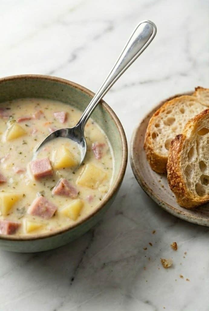 Bowl of creamy ham and potato soup with a spoonful lifted and slices of crusty bread on the side, ready to enjoy.