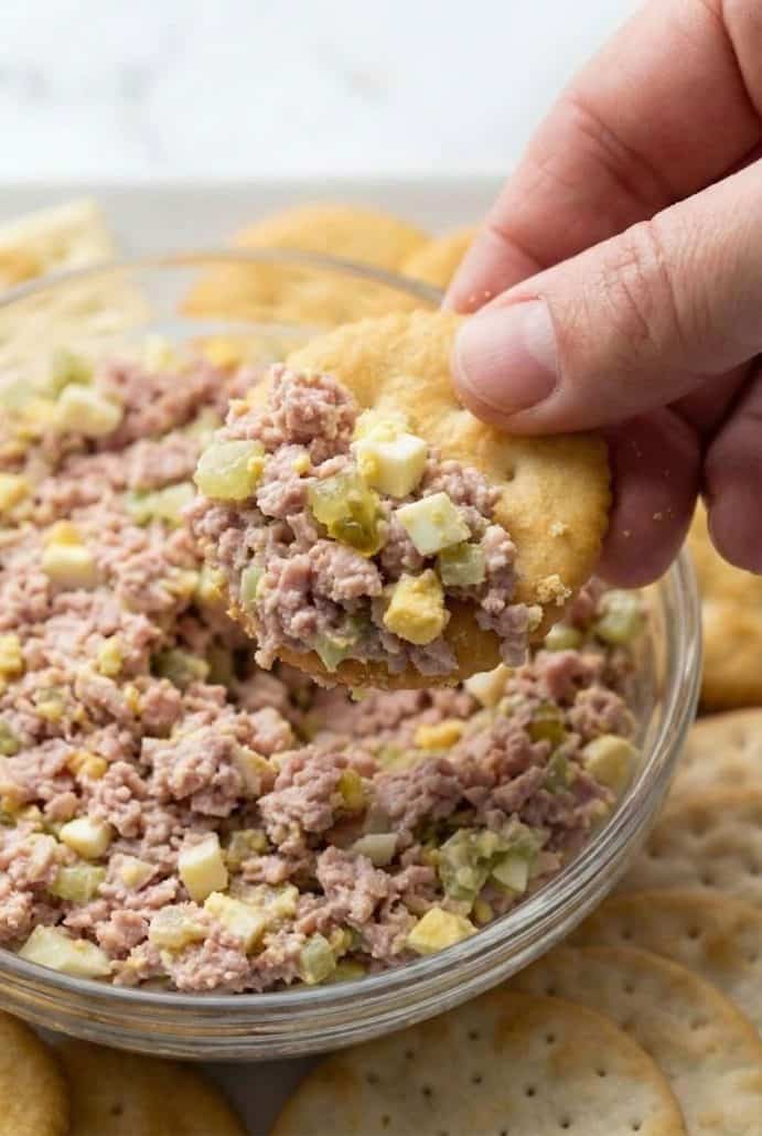 Close-up of ham salad scooped onto a cracker. A savory, creamy spread perfect for snacks, parties, or quick appetizers.