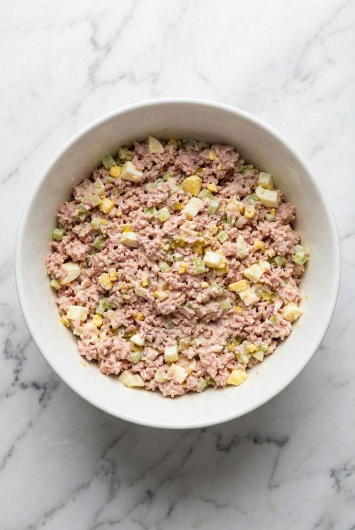 Overhead view of freshly mixed ham salad in a white bowl. A quick and easy recipe for sandwiches, crackers, or meal prep.