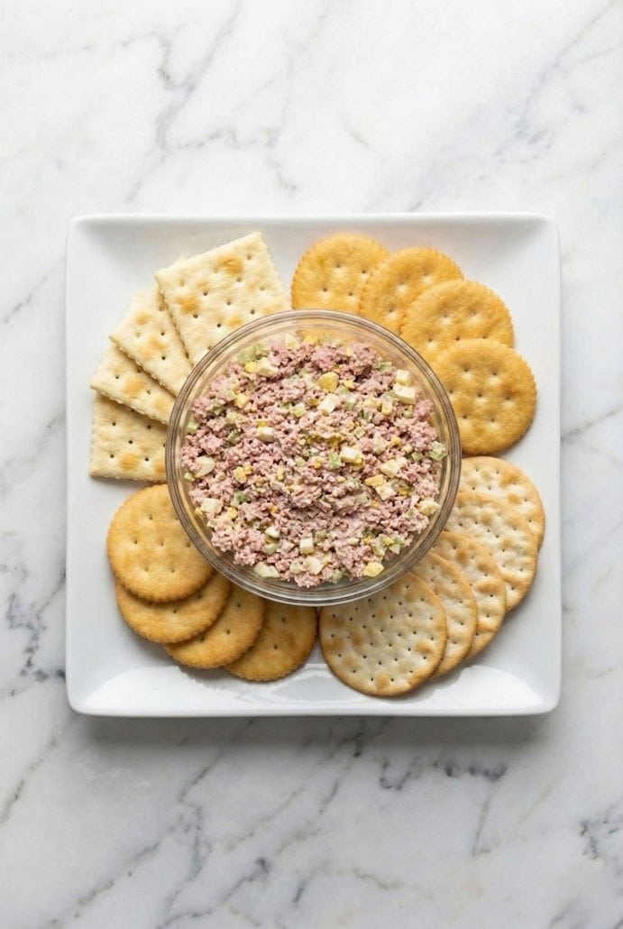 Ham salad served in a glass bowl with an assortment of crackers on a square white platter.
