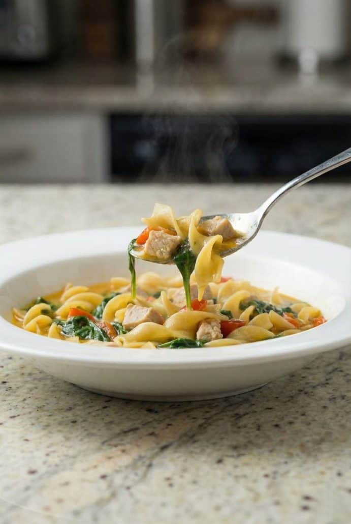 Fork lifting a bite of Healthy Chicken Zuppa with noodles, spinach, and chicken from a white bowl, ready to enjoy.