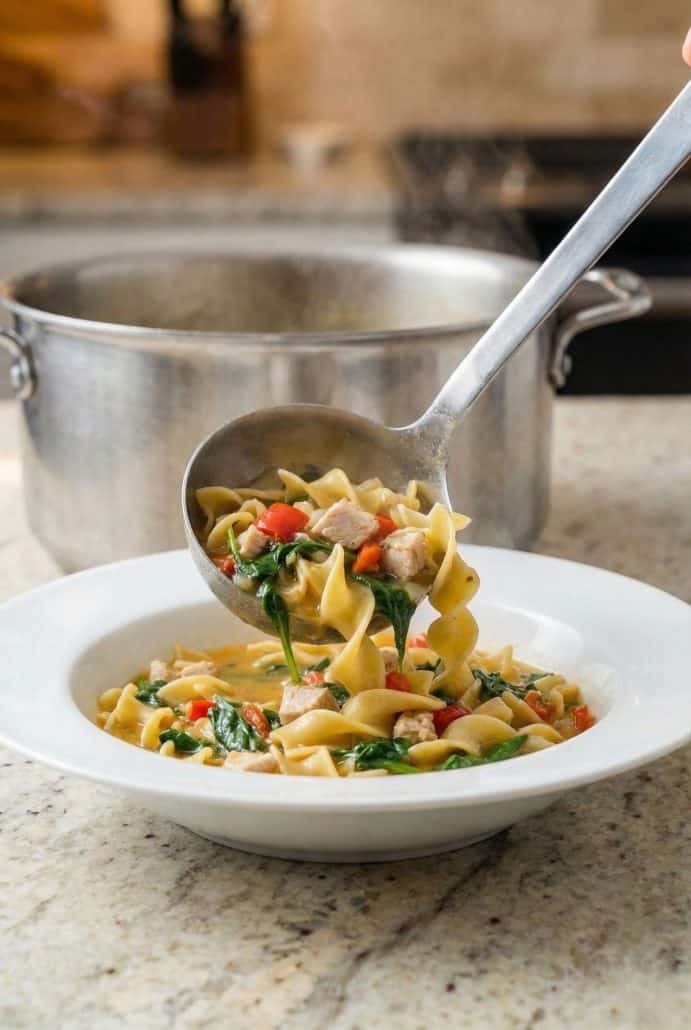 Ladle serving a hearty scoop of Healthy Chicken Zuppa with noodles, chicken, and vegetables into a white bowl from a pot on the stove.