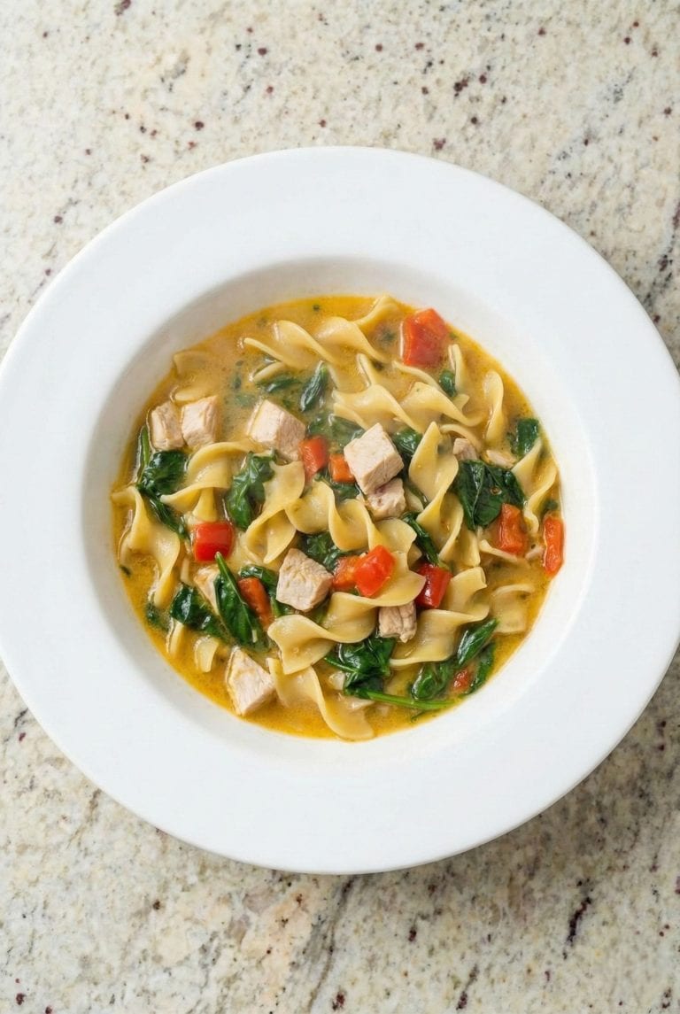 Bowl of Healthy Chicken Zuppa with spinach, red peppers, and egg noodles in a light broth, served as a hearty one-pot dinner soup.