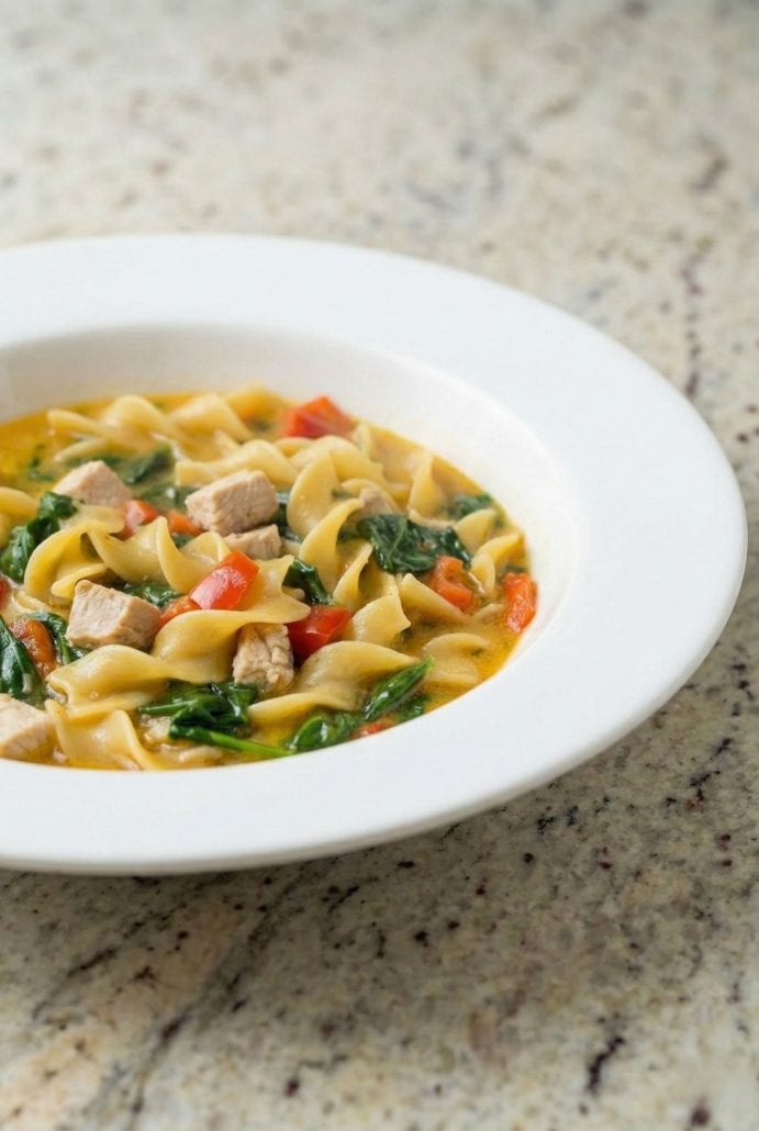 Close-up of a bowl of Healthy Chicken Zuppa filled with egg noodles, spinach, red peppers, and tender chicken in a flavorful broth.