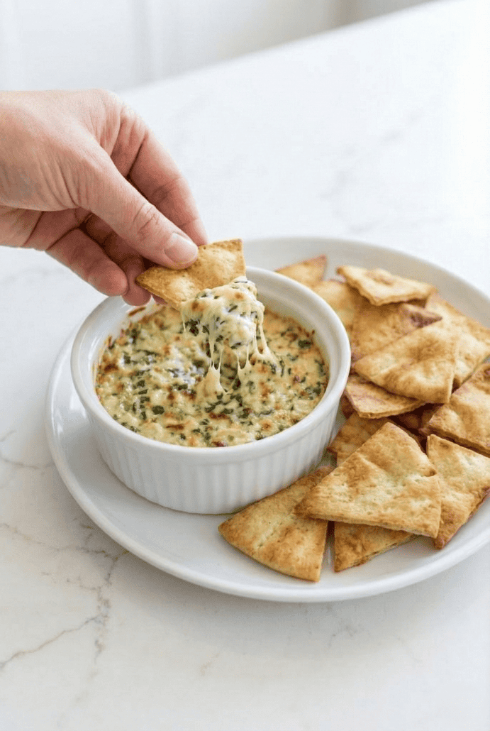 Hand dipping a pita chips into creamy hearts of palm dip served in a white ramekin with crispy chips on the side.