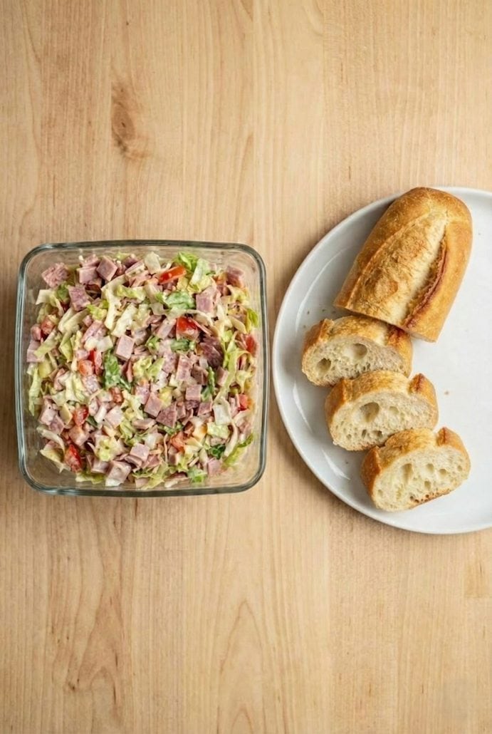 Hoagie dip served in a glass dish alongside sliced baguette on a plate.