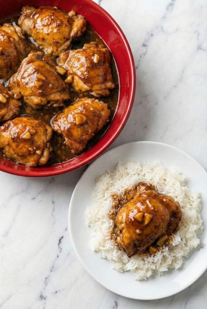 Honey-garlic chicken thighs served over white rice, with a full bowl of chicken in the background.