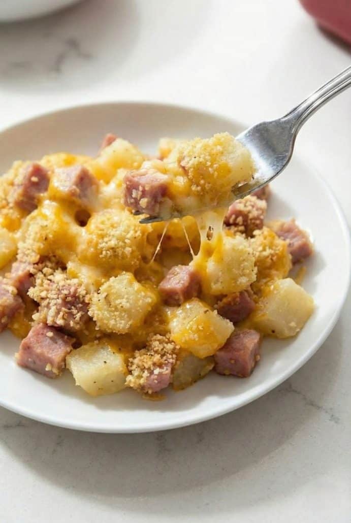 Fork digging into a plate of cheesy ham and potato casserole. A hot and hearty dish made with leftover ham, perfect for breakfast or dinner.