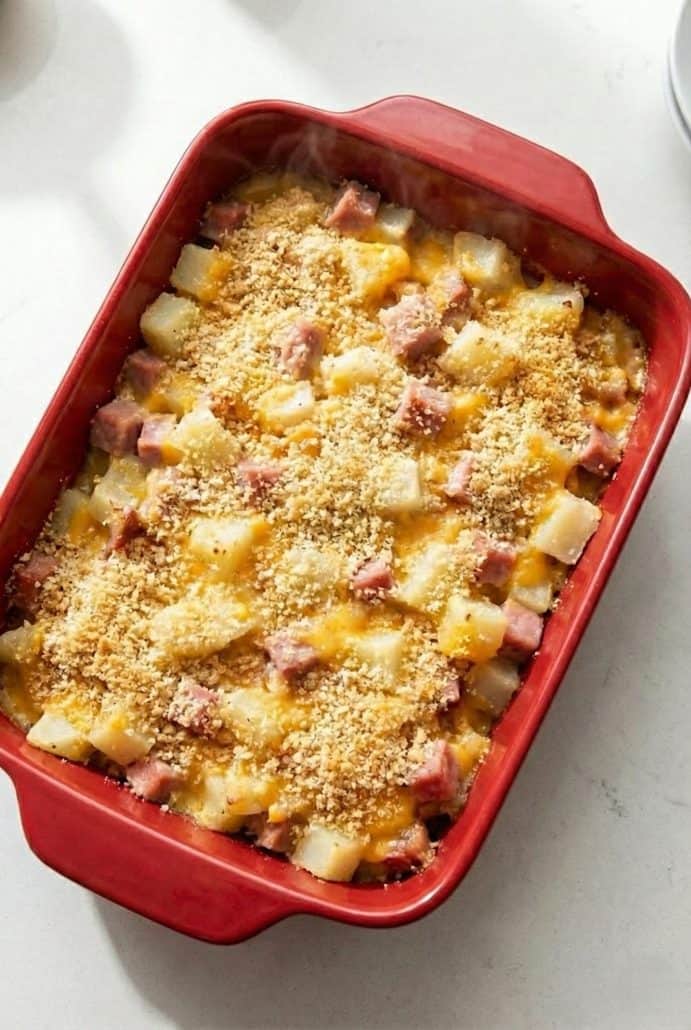 Close-up of golden baked ham and potato casserole in a red dish. A cheesy, crispy-topped recipe made with leftover ham for an easy family meal.