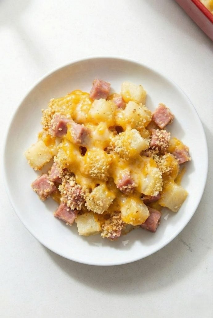 Single serving of cheesy ham and potato casserole on a white plate. A warm, comforting dish.
