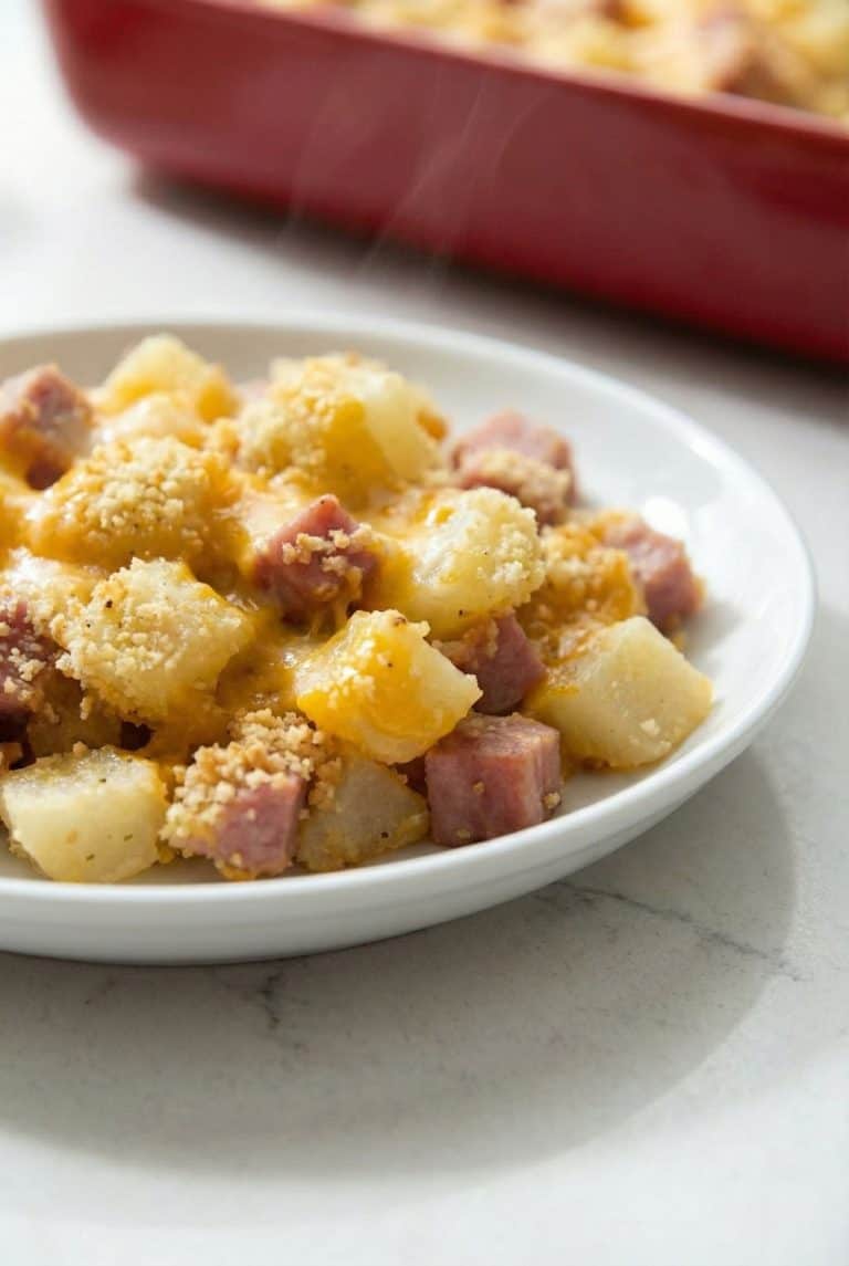 Plate of cheesy ham and potato casserole served hot, perfect for using up leftover holiday ham.