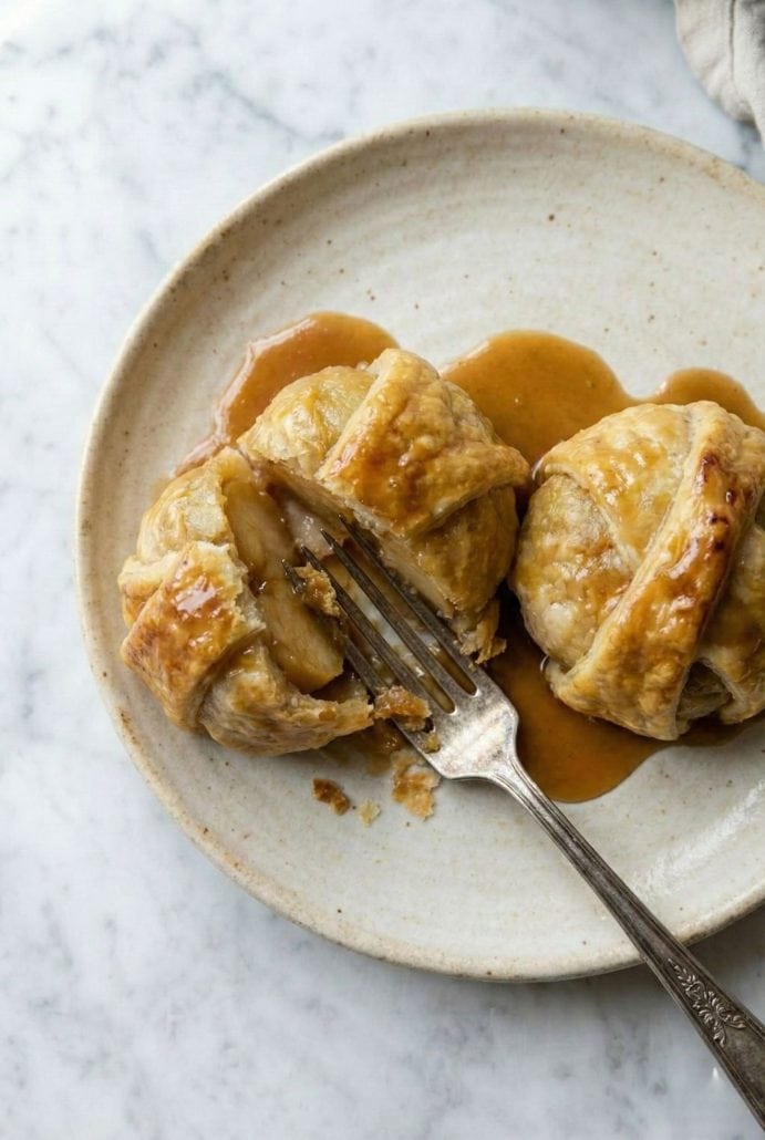Fork cutting into a warm apple dumpling drizzled with syrup, showing the tender apple filling inside the flaky pastry.