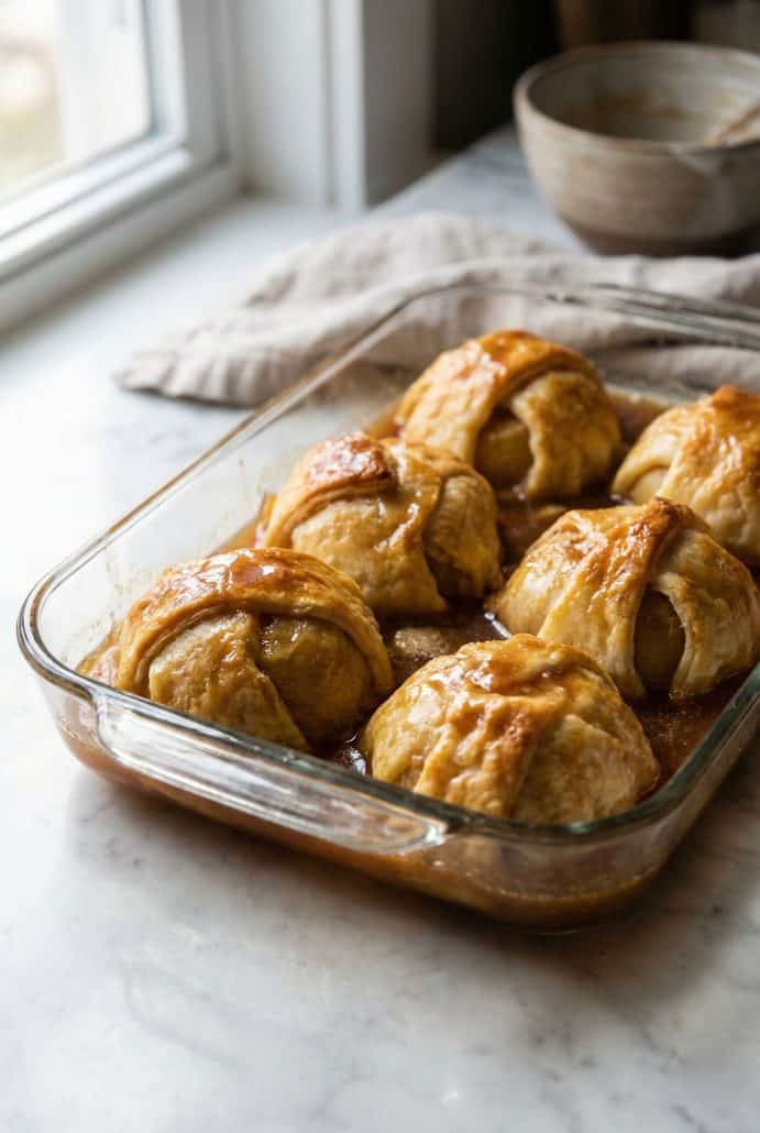 Freshly baked apple dumplings in a glass dish, covered in warm syrup.