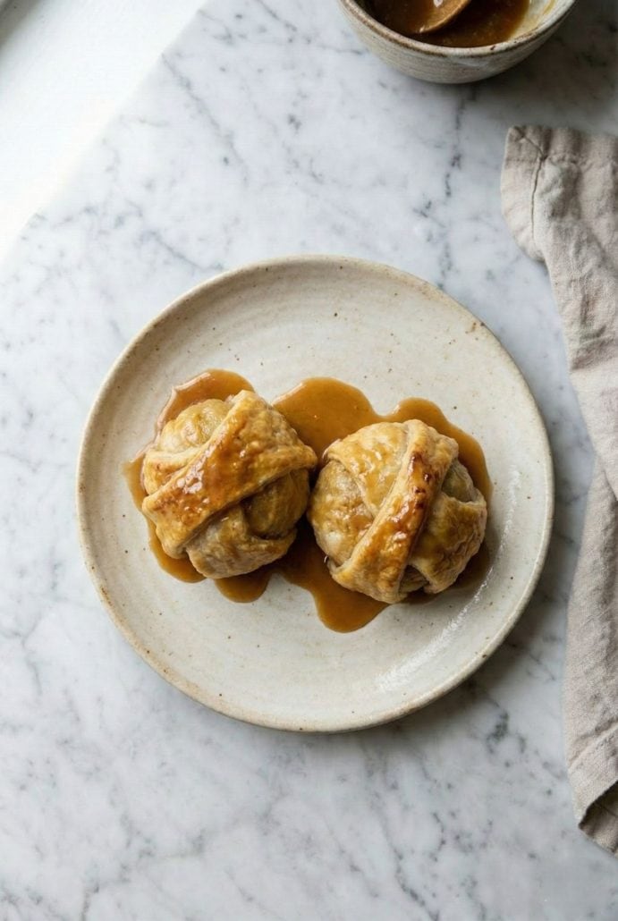 Two old-fashioned apple dumplings on a plate drizzled with vanilla syrup, ready to serve.