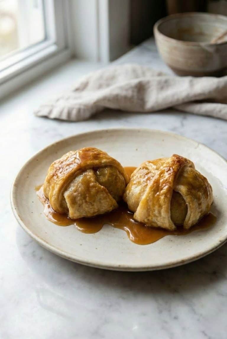 Old-fashioned apple dumplings topped with warm caramel sauce on a plate.