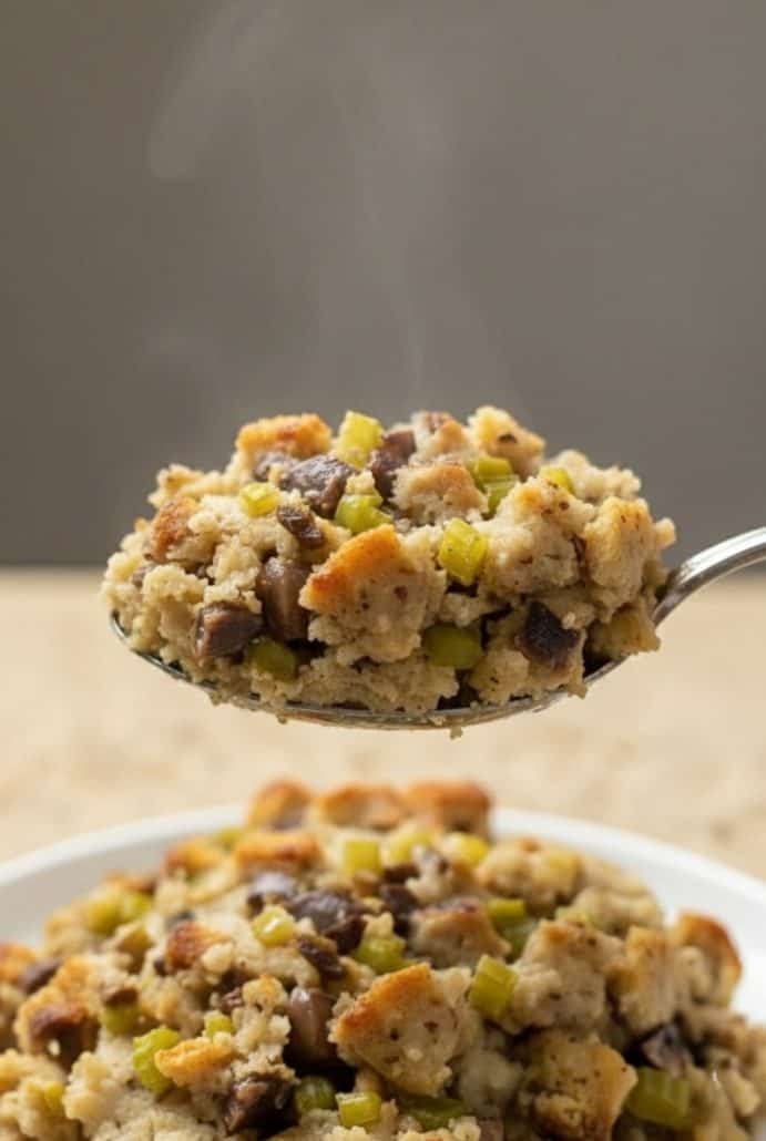 Steaming spoonful of hot giblet stuffing lifted from a serving bowl, showcasing the golden, moist texture of this classic holiday dish.
