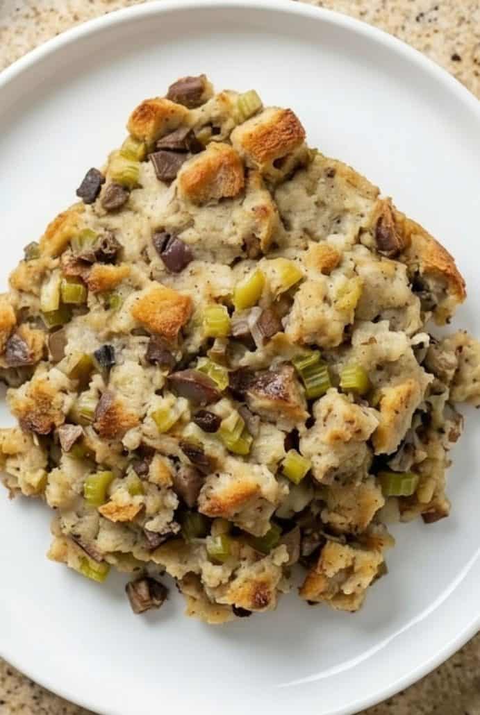 Close-up of a serving of old-fashioned giblet stuffing on a white plate, showing golden bread cubes, tender giblets, and chopped celery.