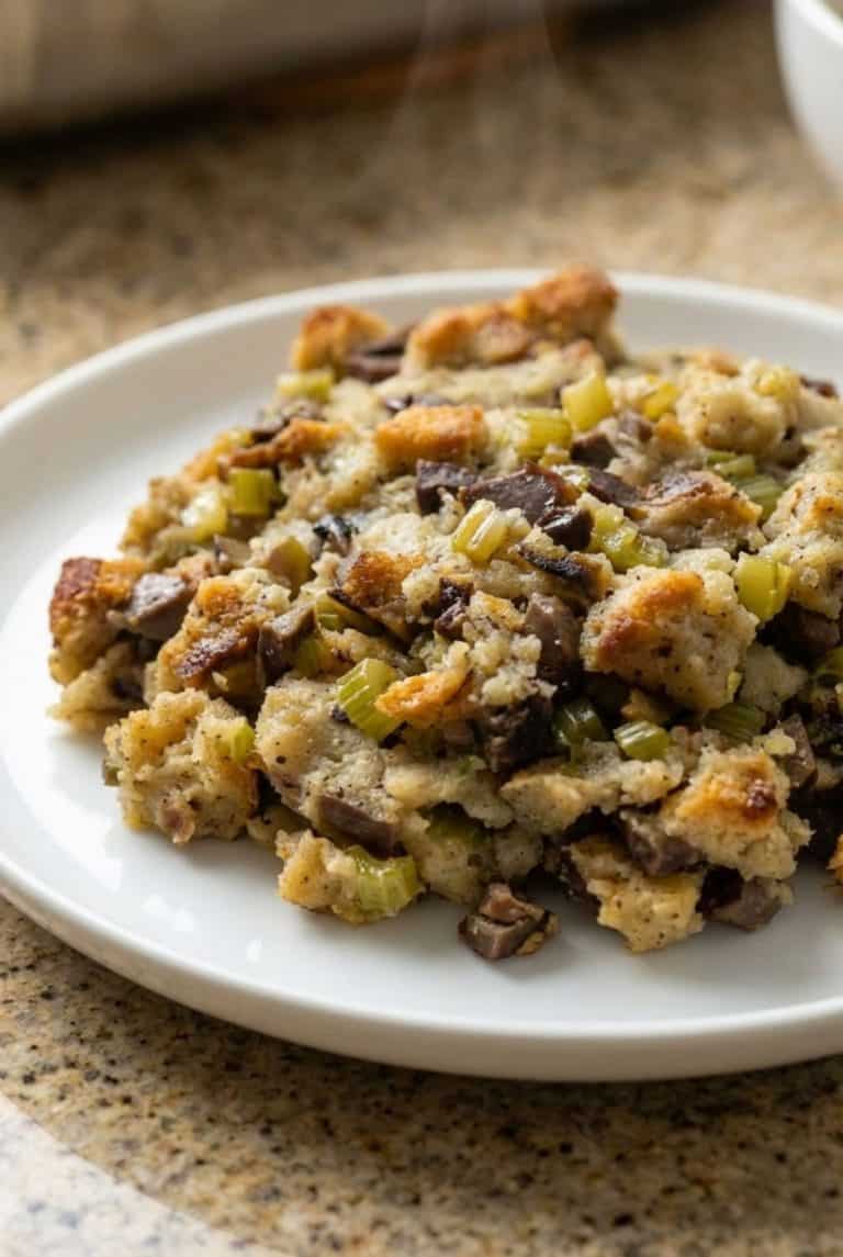 Plate of old-fashioned giblet stuffing made with bread cubes, turkey giblets, celery, and onions. Classic holiday side dish.
