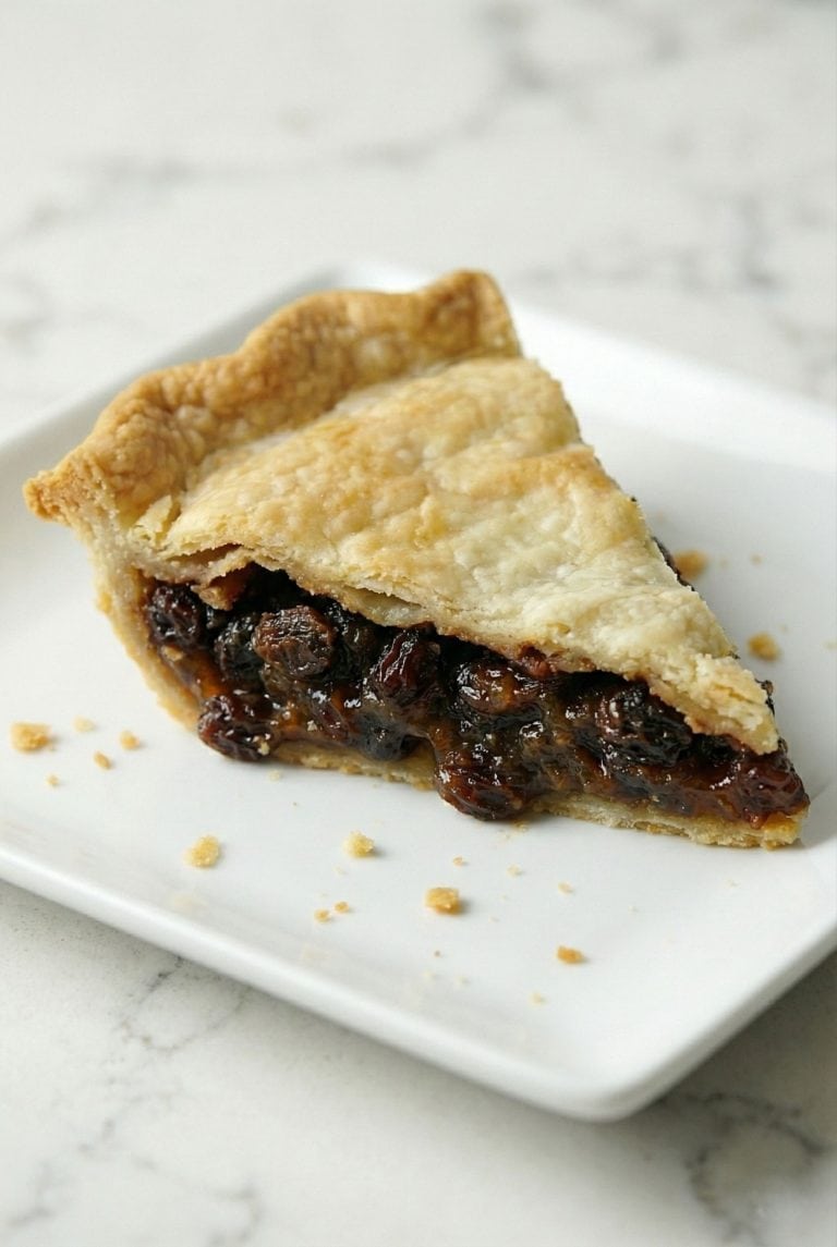 Slice of old fashioned raisin pie on a white plate, showing the thick raisin filling and golden flaky crust.