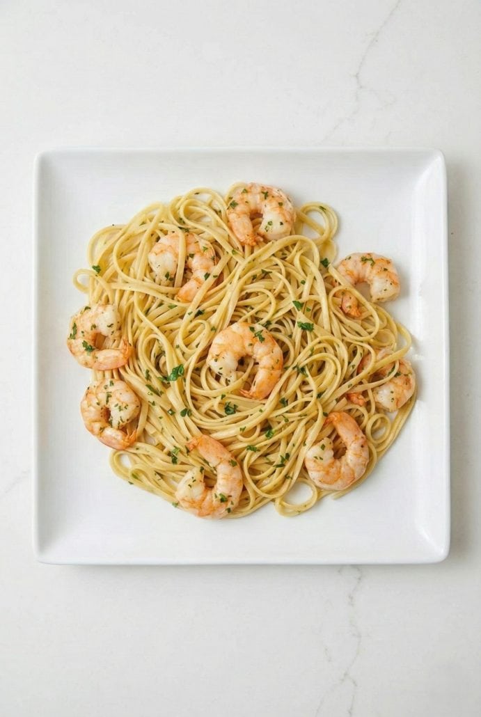 Overhead view of shrimp scampi with linguine served on a square white plate.