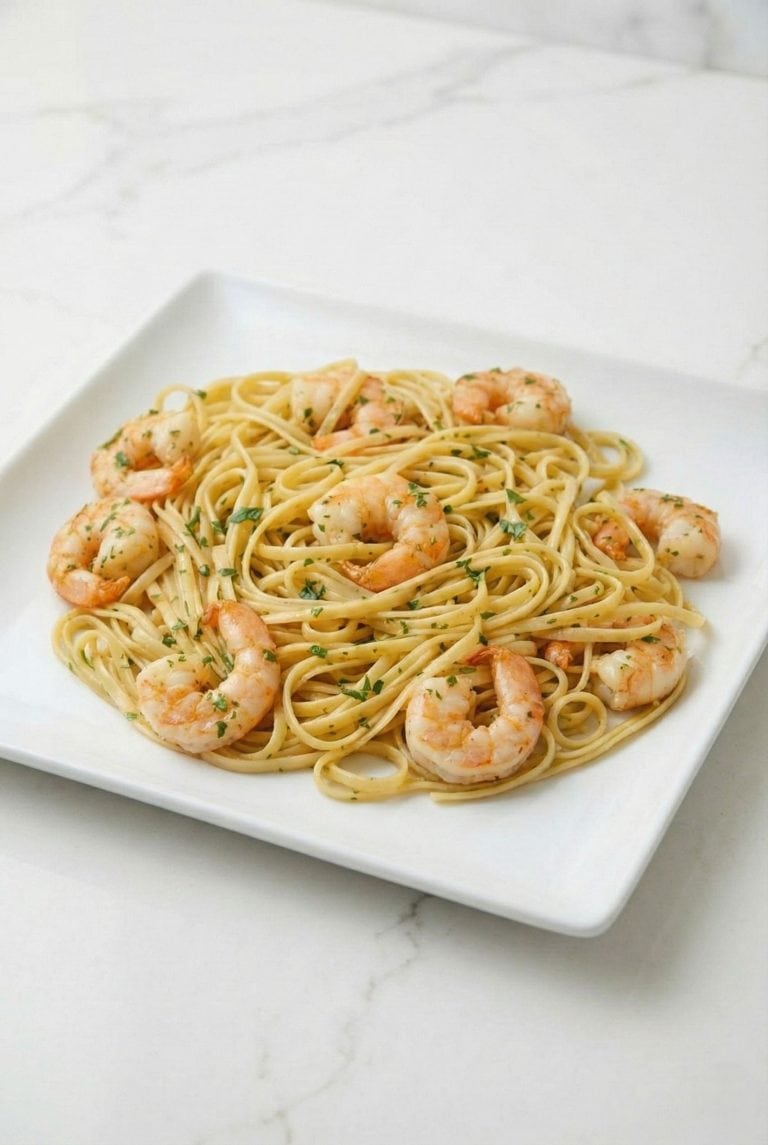 Plate of shrimp scampi with linguine pasta, garnished with parsley. A delicious seafood dinner.