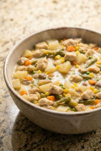 Slow Cooker Chicken Pot Pie Stew Recipe - Creamy and Delicious Bowl of creamy Slow Cooker Chicken Pot Pie Stew filled with chicken, potatoes, carrots, and mixed vegetables, served hot as a comforting family dinner.