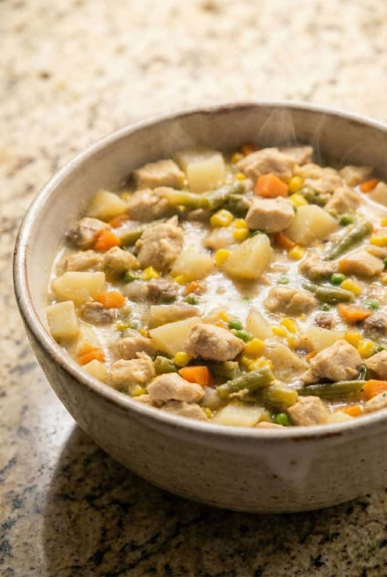 Bowl of creamy Slow Cooker Chicken Pot Pie Stew filled with chicken, potatoes, carrots, and mixed vegetables, served hot as a comforting family dinner.