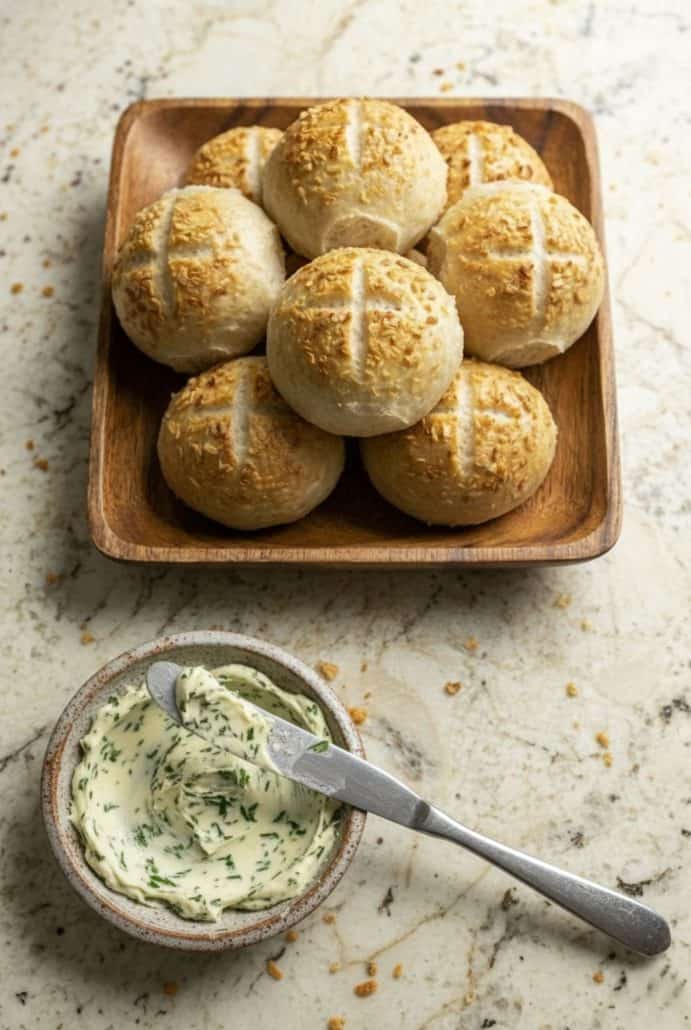 Homemade onion sandwich rolls served with a bowl of herb butter on the side.