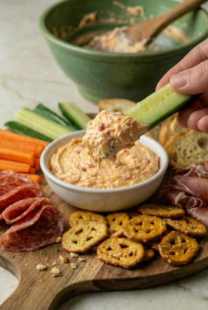 Scooping Southern pimento cheese with a cucumber stick from a charcuterie board, a fresh and flavorful dip.