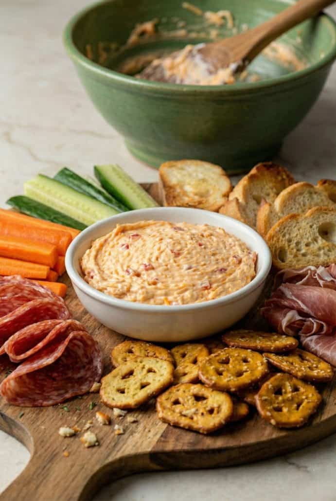 Southern pimento cheese served with crackers, veggies, and meats on a wooden board. Perfect for entertaining or a holiday appetizer spread.