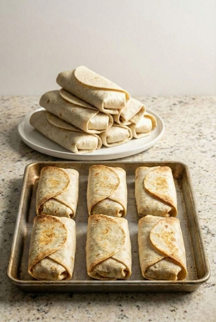 Baking sheet with six rolled sweet potato burritos ready for the oven, with a stacked plate of more burritos in the background.