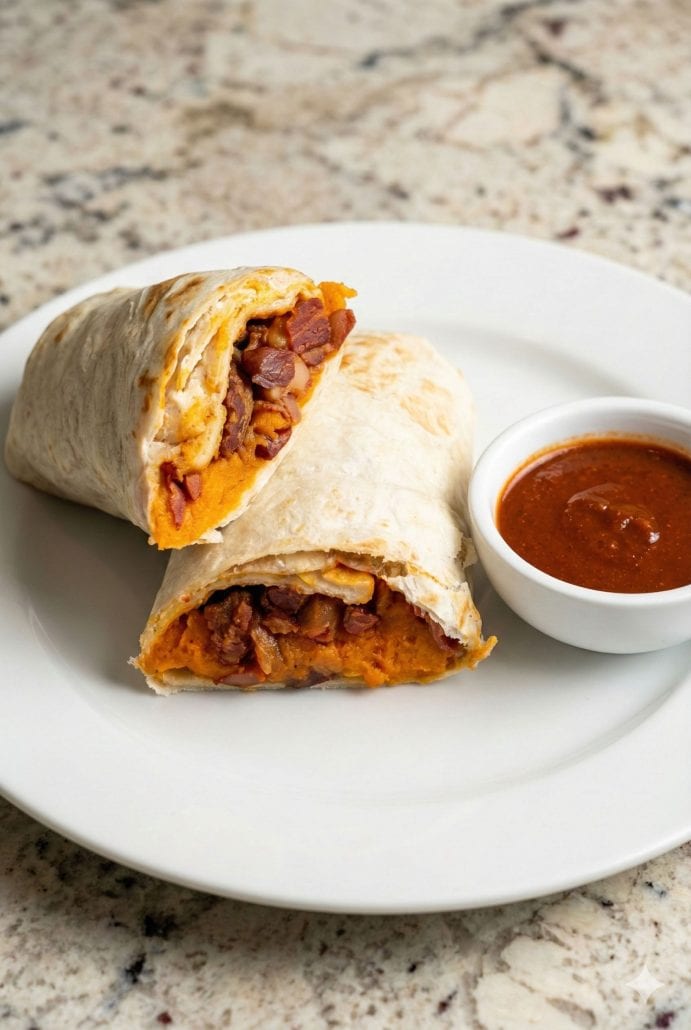 Close-up of a halved sweet potato burrito on a white plate, a warm, flavorful bite from the Sweet Potato Burritos recipe.