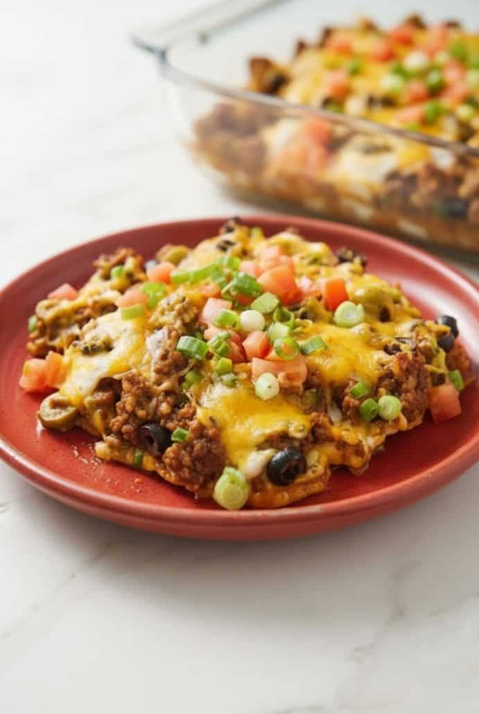 Close-up of a cheesy taco casserole serving with beef, beans, and toppings on a red plate.